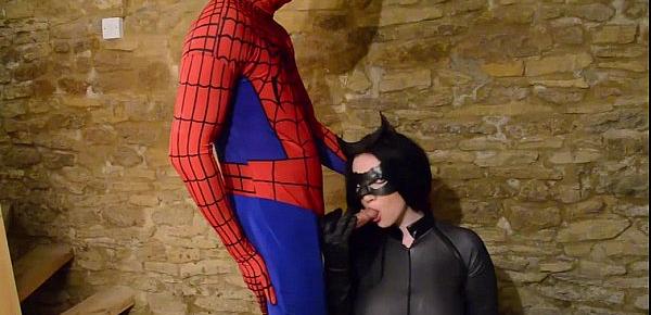  Busty Cosplay Catwoman takes spiderman web